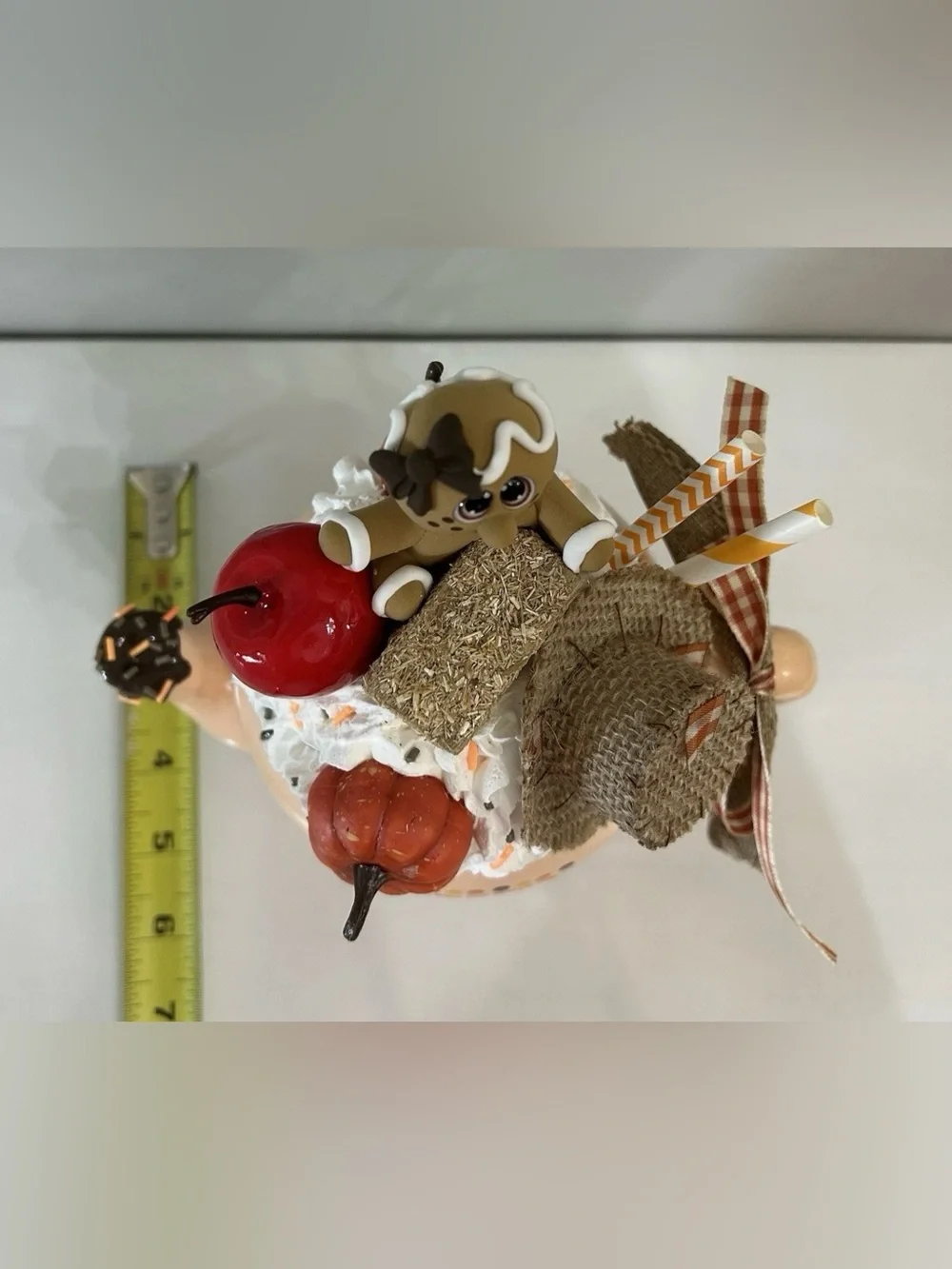 Fake Gingerbread Peach Ceramic Autumn Teapot Decor with Pumpkin & Apple Accents